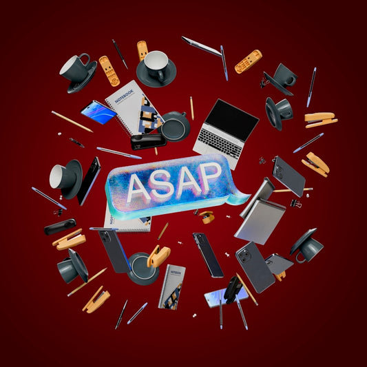 A circle of assorted electronic devices on a red background