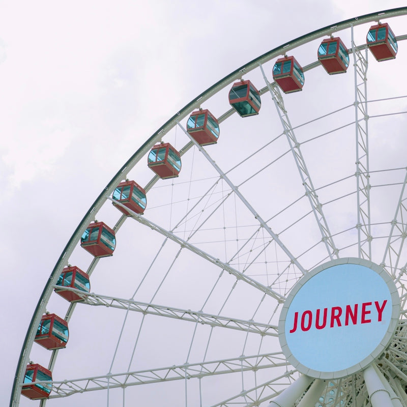 A large ferris wheel with a sign that says journey